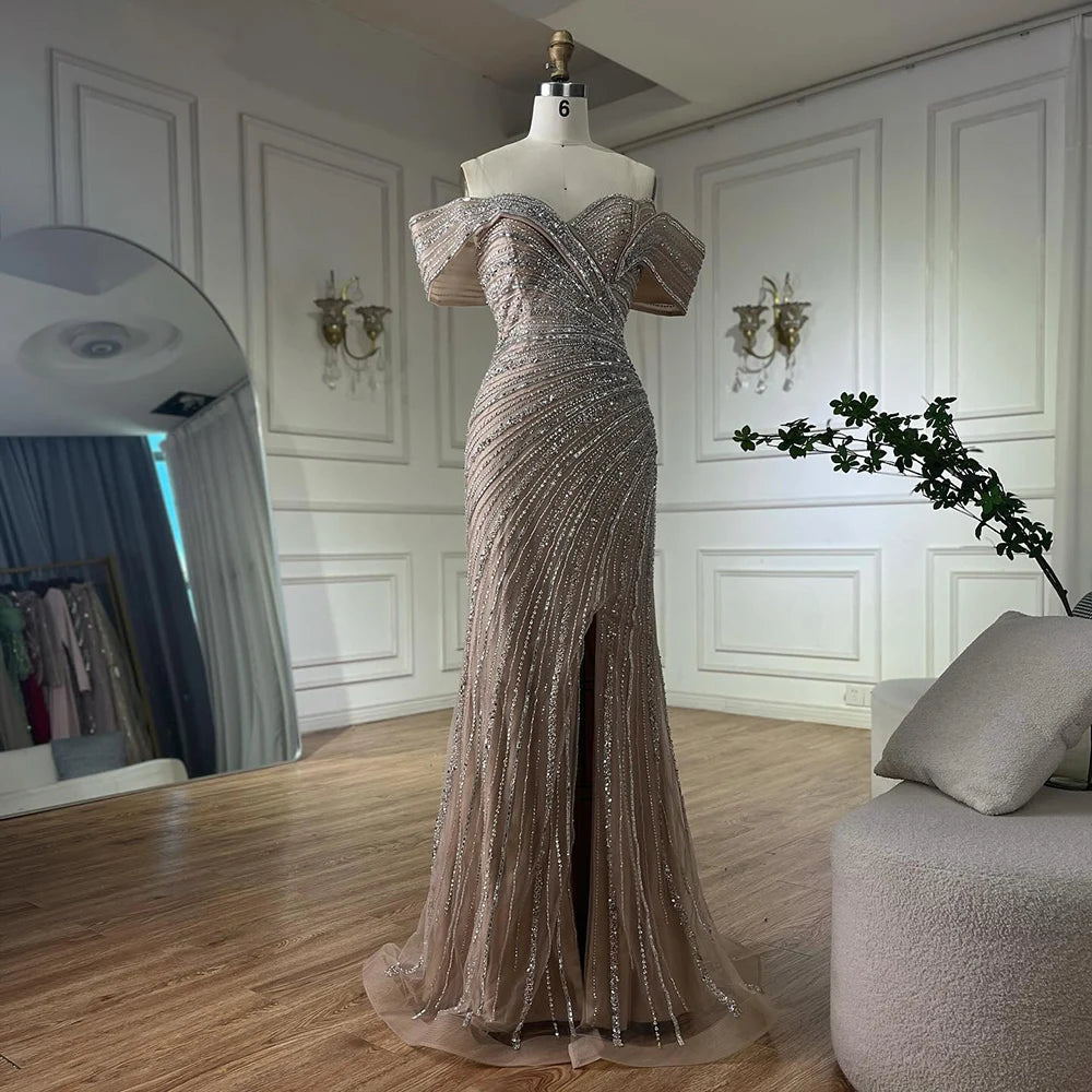 Exclusive Online Offer Serene Hill 2025 Customized Arabic Silver Nude Mermaid Beaded  Evening Dress with Split for Formal Occasion Saudi LA72481A