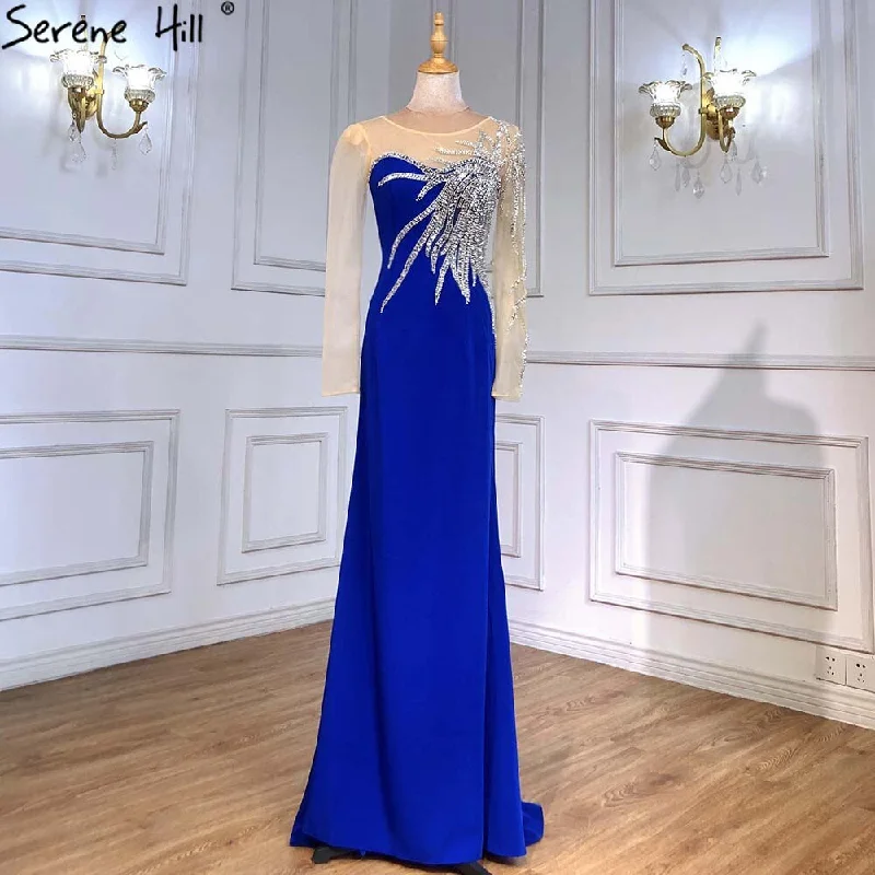Major Savings Serene Hill Royal Blue Satin Evening Dresses Gowns 2024 Beaded Elegant Mermaid For Women Wedding Party LA71471