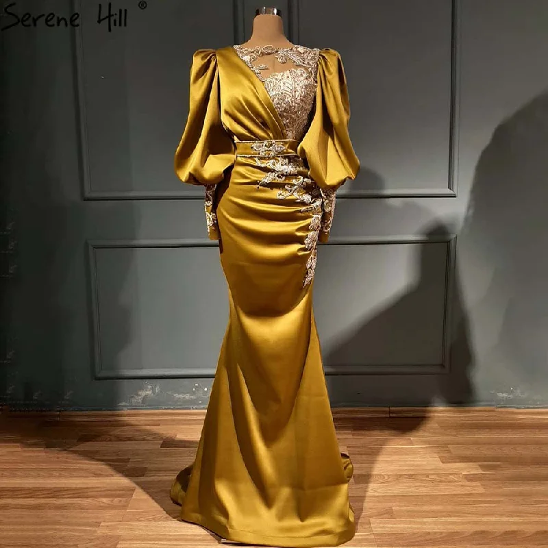 Steals and Deals Serene Hill Muslim Luxury Gold Beaded Evening Dresses Gowns 2024 Satin Mermaid Elegant For Women Party LA71409