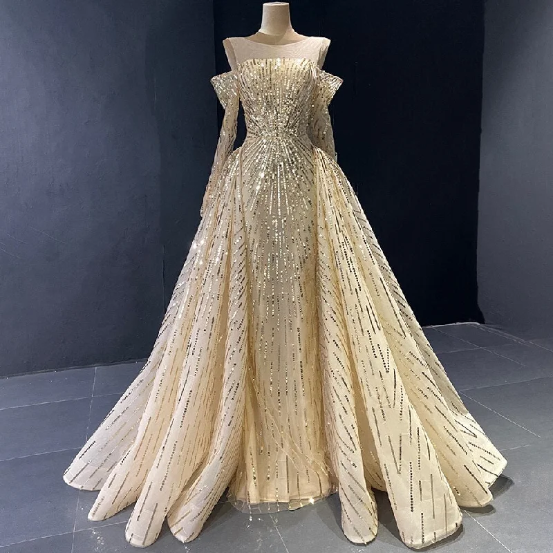 Overstock Serene Hill Advanced Customization Gold Mermaid Elegant Sparkle Evening Dresses Long Sleeves With Skirt Not Removable LA71695