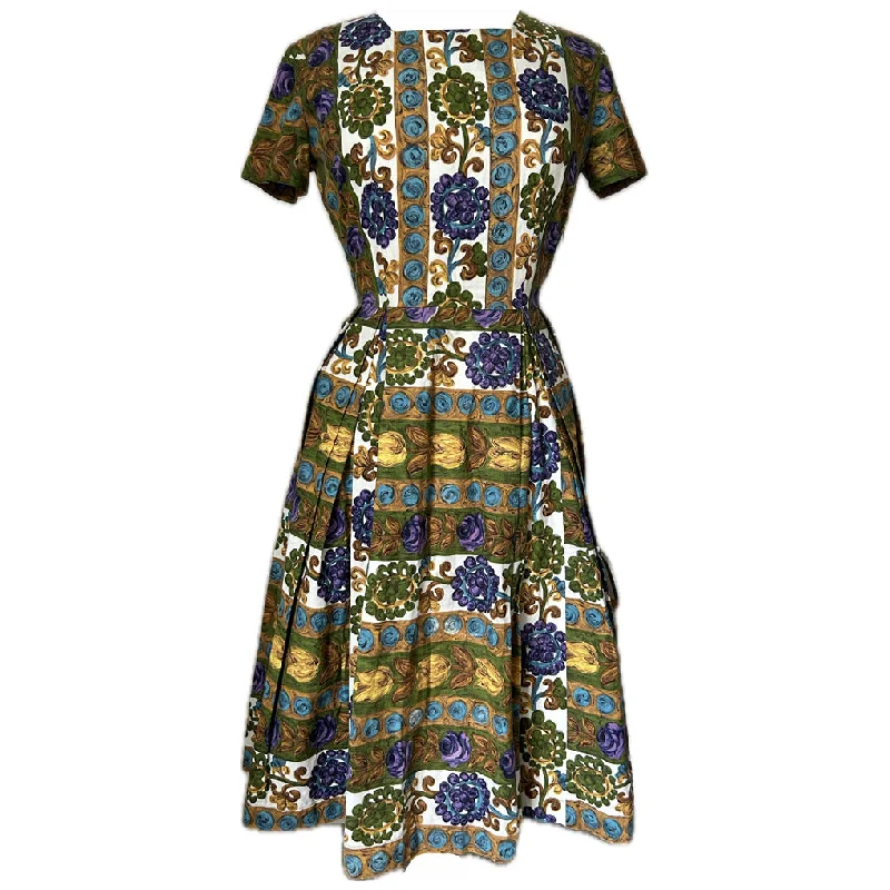 Deal Dash Floral border print 1950s cotton day dress