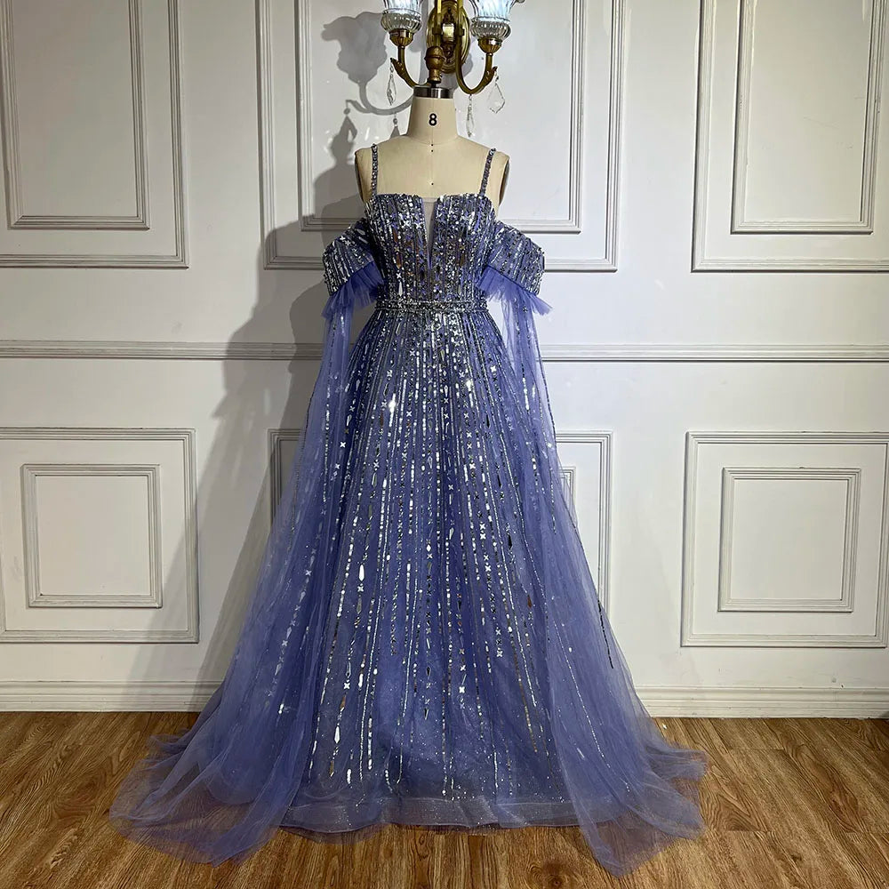 Value Deals Serene Hill 2024 Arabic Blue A-Line Elegant Beaded Luxury Evening Gowns for Women with Detachable Cape Sleeves Party LA72638 Value Deals Serene Hill 2024 Arabic Blue A-Line Elegant Beaded Luxury Evening Gowns for Women with Detachable Cape Sleeves Party LA72638