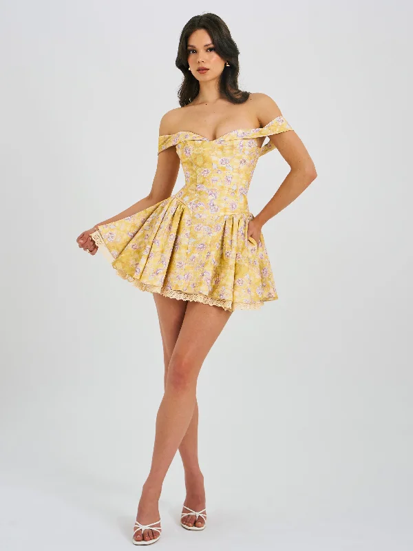 Now or Never Oana Floral Print Linen Collared Off Shoulder Mini Dress