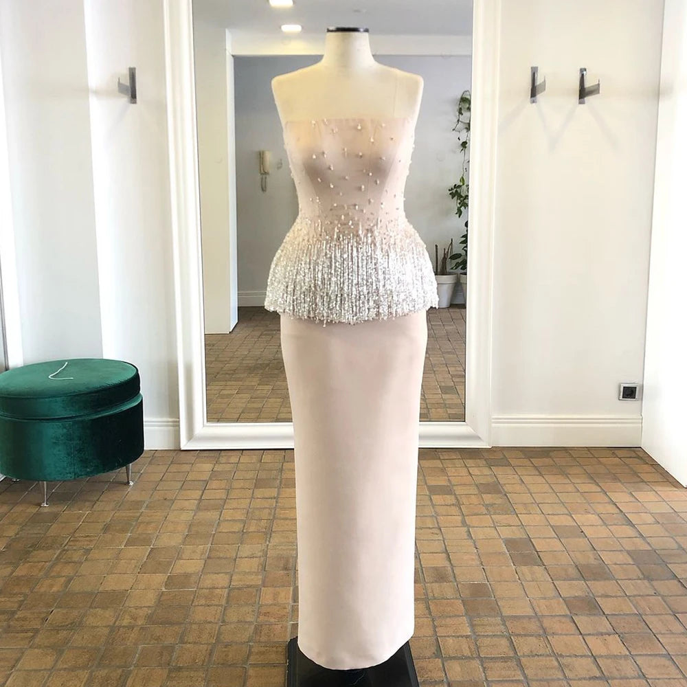 While Supplies Last Serene Hill 2025 Customized Saudi Nude Pink Strapless Arabic Mermaid Evening Dresses Gowns Beaded Tassel for Occasion LA72804