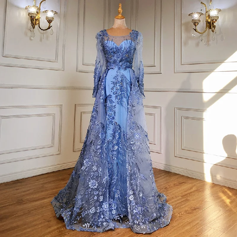 Huge Discounts Serene Hill Muslim Luxury Blue Evening Dresses Gowns 2024 Beaded Mermaid Overskirt For Woman Party  LA71460