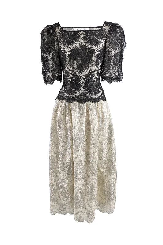 Special Discount Vintage Sheer Black & Gold Lace Evening Dress, 1980s