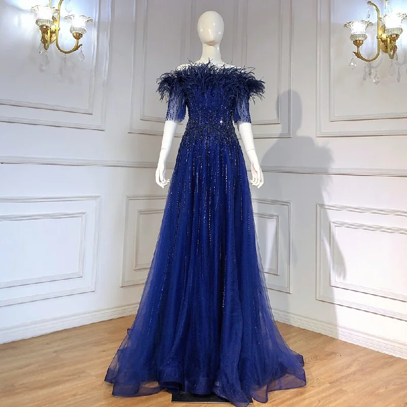 Big Discounts Serene Hill Blue Boat Neck Luxury Evening Dresses Gowns 2024 Short Sleeves Beaded Feather A-Line For Women Party LA71524 Big Discounts Serene Hill Blue Boat Neck Luxury Evening Dresses Gowns 2024 Short Sleeves Beaded Feather A-Line For Women Party LA71524