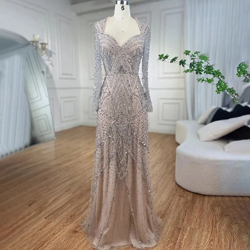 Amazing Deals Serene Hill Arabic silver nude Long Sleeves Beaded Dubai Mermaid Evening Gowns 2024 Elegant Party Dresses For Women LA72183