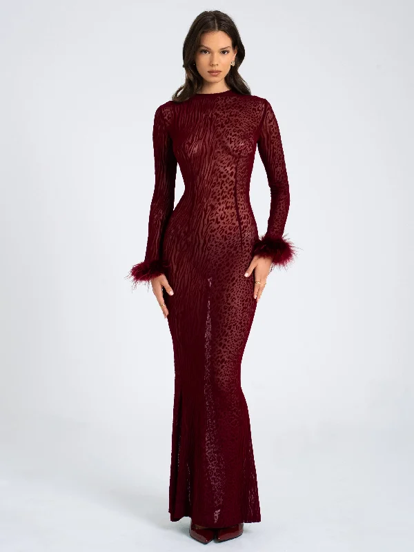 Value Deals Patricia Burgundy Leopard Burnout Velvet Mesh Backless Maxi Dress