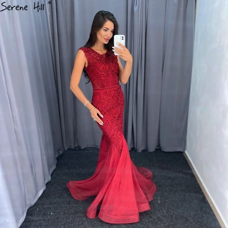 Blowout Sale Wine Red Dubai Crystal O-Neck Evening Dresses Mermaid Sleeveless Luxury Formal Dress Real Photo LA60980 Blowout Sale Wine Red Dubai Crystal O-Neck Evening Dresses Mermaid Sleeveless Luxury Formal Dress Real Photo LA60980