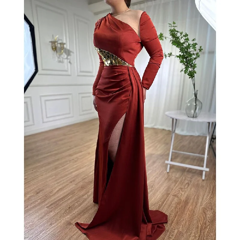 Crazy Savings Serene Hill Wine Red Mermaid High Split Satin Evening Dresses Gowns 2024 Elegant O Neck For Women Party LA71285A