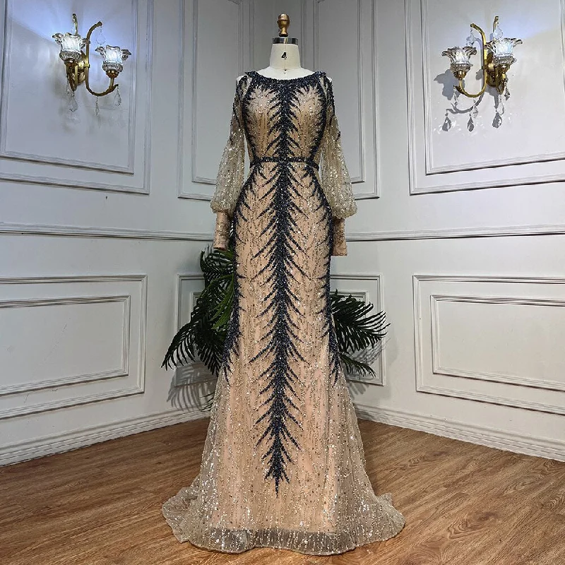 Midnight Madness Serene Hill Nude O-neck Long Sleeves Cold Shoulder Evening Dresses Mermaid Beaded Party Gowns For Women LA72008