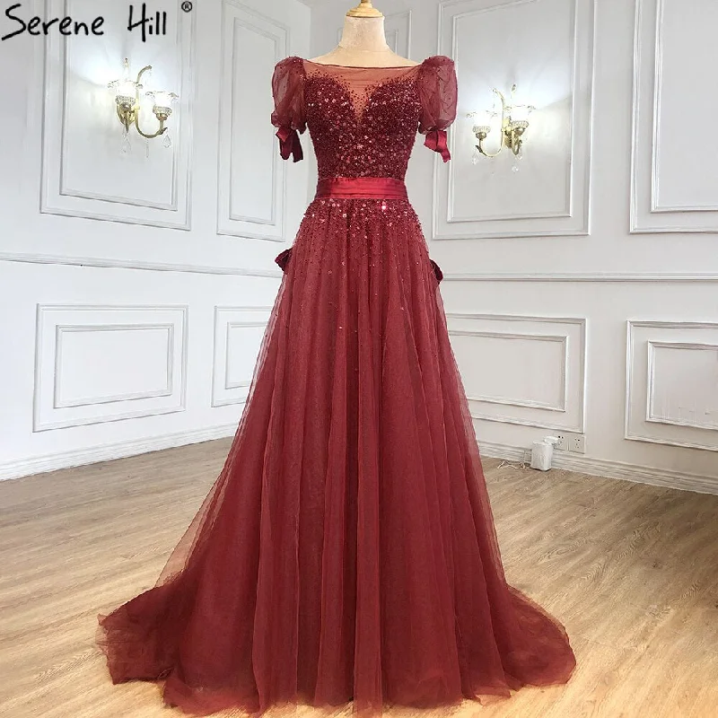 Fantastic Offers Serene Hill Wine Red A-Line Evening Dresses Gowns 2024 Beaded Bow Puffy Sleeves For Women Party LA71281 Fantastic Offers Serene Hill Wine Red A-Line Evening Dresses Gowns 2024 Beaded Bow Puffy Sleeves For Women Party LA71281