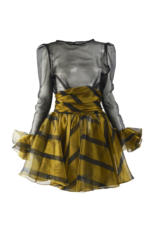 Price Blitz Vintage Sheer Gold & Black Ruffled Party Dress, 1980s