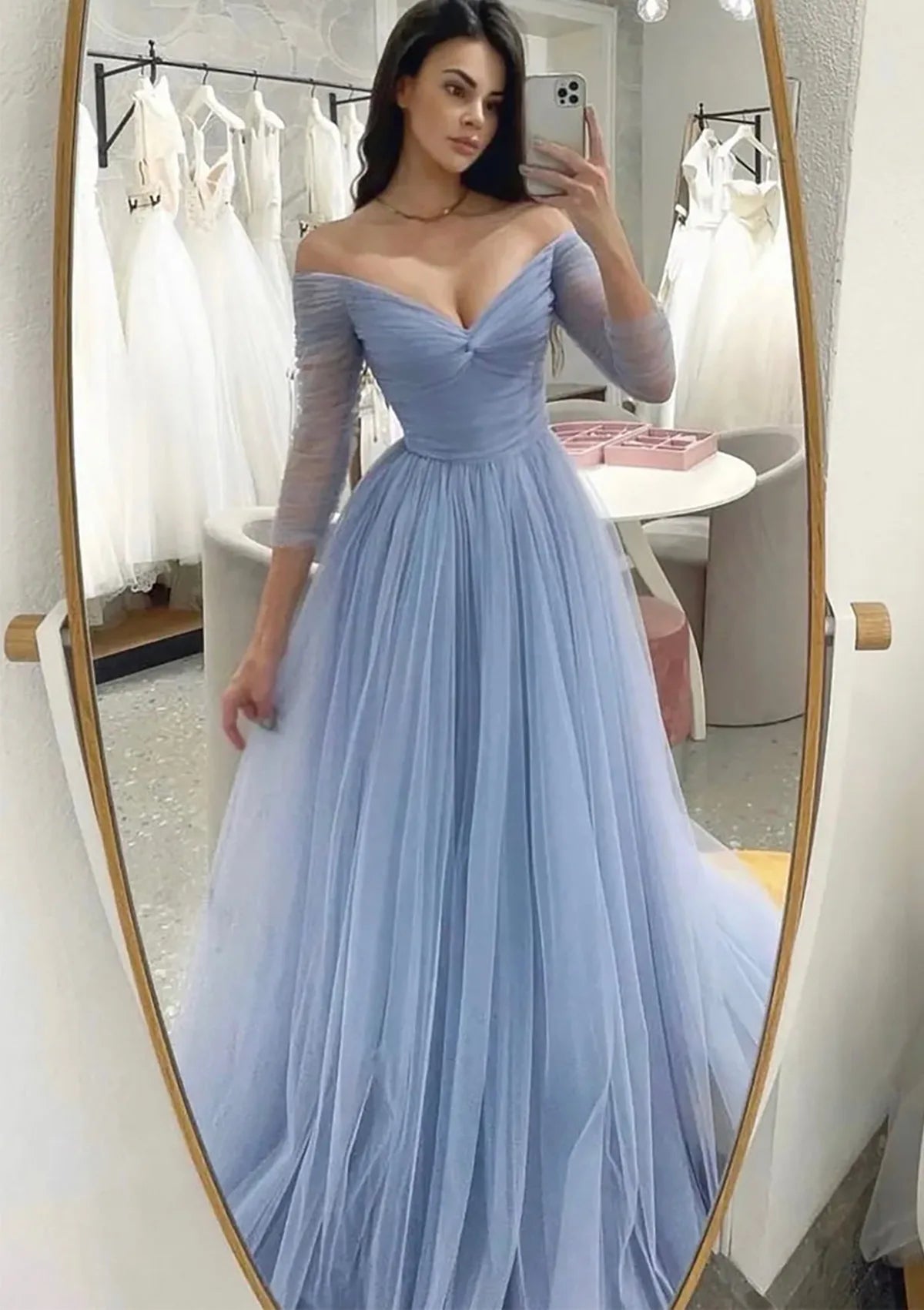 Limited Availability Serene Hill 2024 Arabic Blue A-Line Off-the-Shoulder Tulle Prom Dress with Pleats for Women's Party LA72690 Limited Availability Serene Hill 2024 Arabic Blue A-Line Off-the-Shoulder Tulle Prom Dress with Pleats for Women's Party LA72690