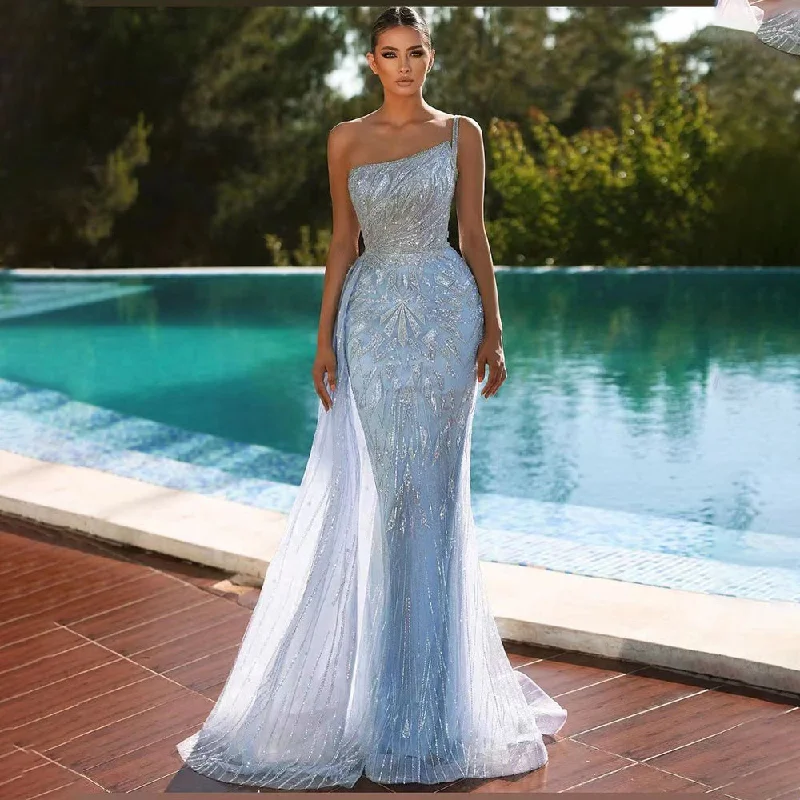 Overstock Sale Serene Hill Blue Mermaid Elegant With Overskirt Sexy One Shoulder Luxury Beaded Evening Dresses Gowns 2024 Women Party LA71730