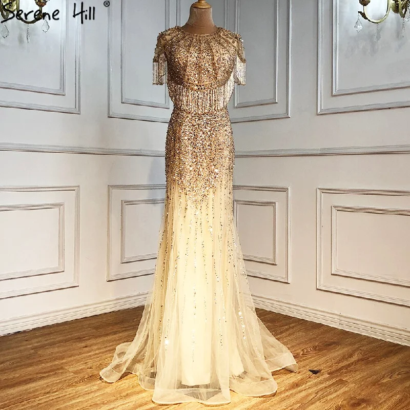 Super Savings Serene Hill  Gold Mermaid Luxury Evening Dresses Gowns 2024 Beading Tassel Elegant For Women Wedding Party LA70051