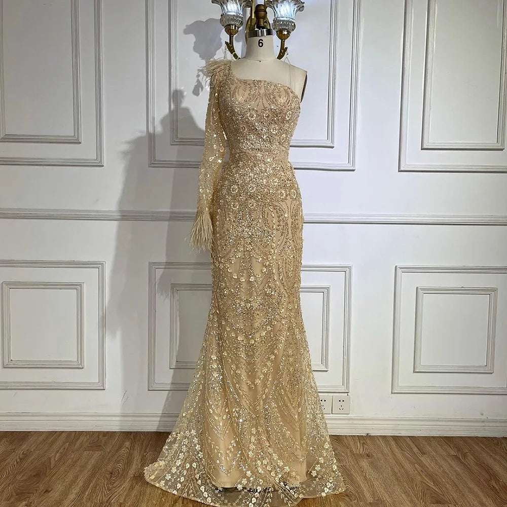 Big Discounts Serene Hill 2024 Arabic Nude One Shoulder Beaded Feathers Luxury Dubai Evening Gowns for Women's Party LA72546A