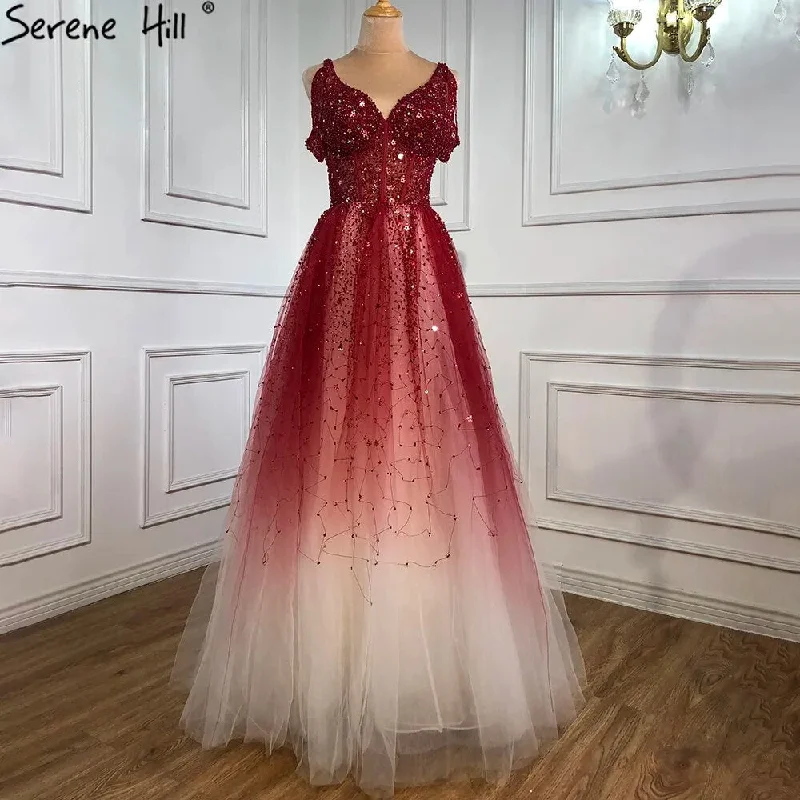 Best Deals Serene Hill Arabic Gradual Change Red Evening Dresses Gowns 2024 Beaded Luxury A Line Sexy For Women Wedding Party LA70983