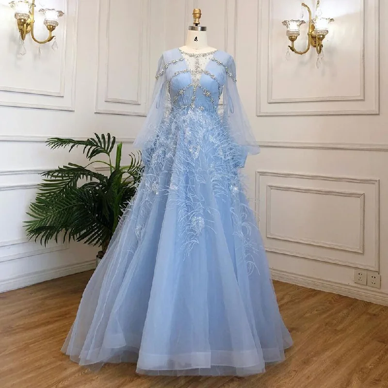 Last Chance Serene Hill Blue A-Line Luxury Evening Dresses Gowns Long 2024 Beaded Feather For Women Party LA71495 Last Chance Serene Hill Blue A-Line Luxury Evening Dresses Gowns Long 2024 Beaded Feather For Women Party LA71495