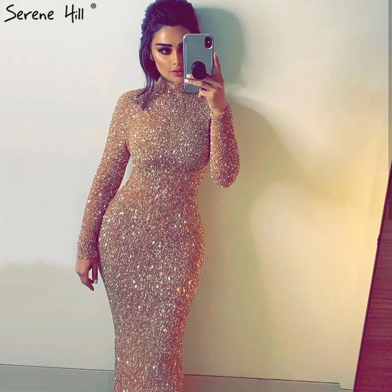 Don't Wait Muslimischen Rose Gold High Neck Luxus Abendkleider 2024 Neueste Design 3D Pailletten Langen Ärmeln Abendkleider LA60851 Don't Wait Muslimischen Rose Gold High Neck Luxus Abendkleider 2024 Neueste Design 3D Pailletten Langen Ärmeln Abendkleider LA60851