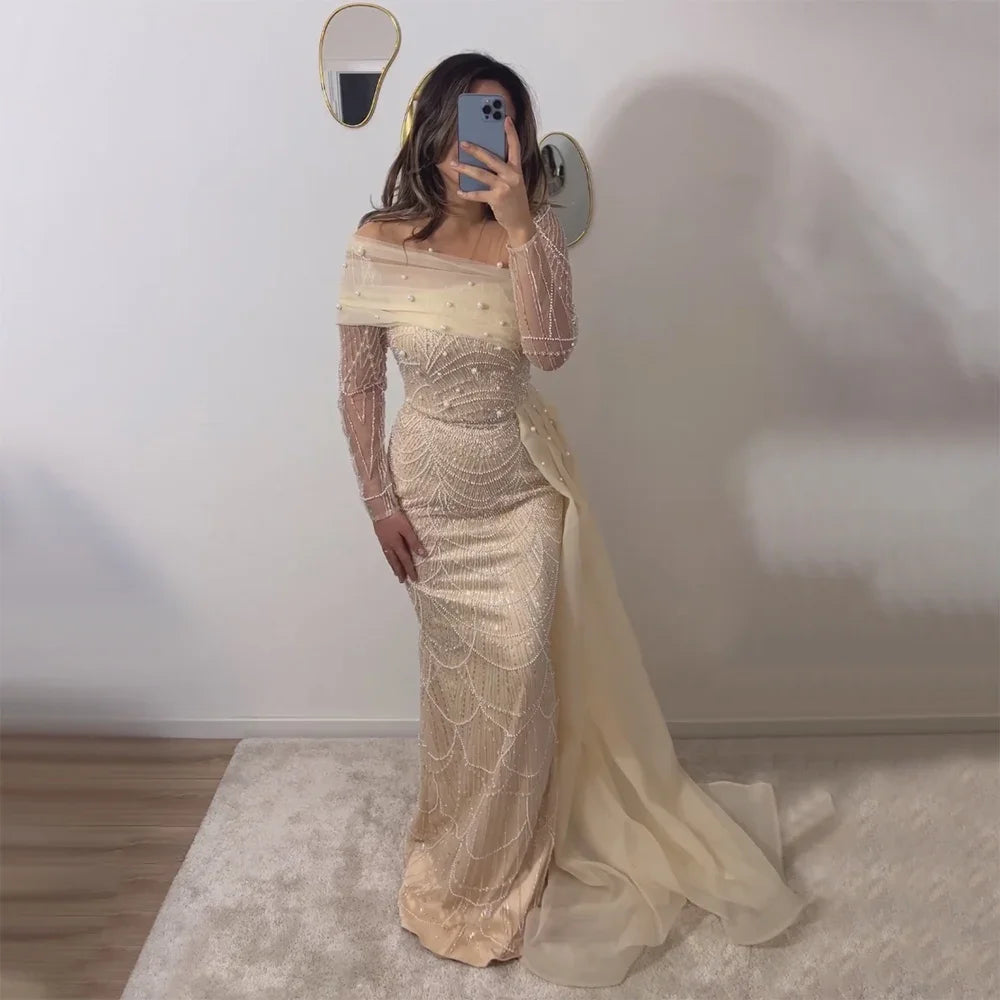 Limited Edition Serene Hill Dubai Arabia Nude Mermaid With Overskirt Luxury Evening Dresses Gowns 2024 For Women Wedding Party LA72254A