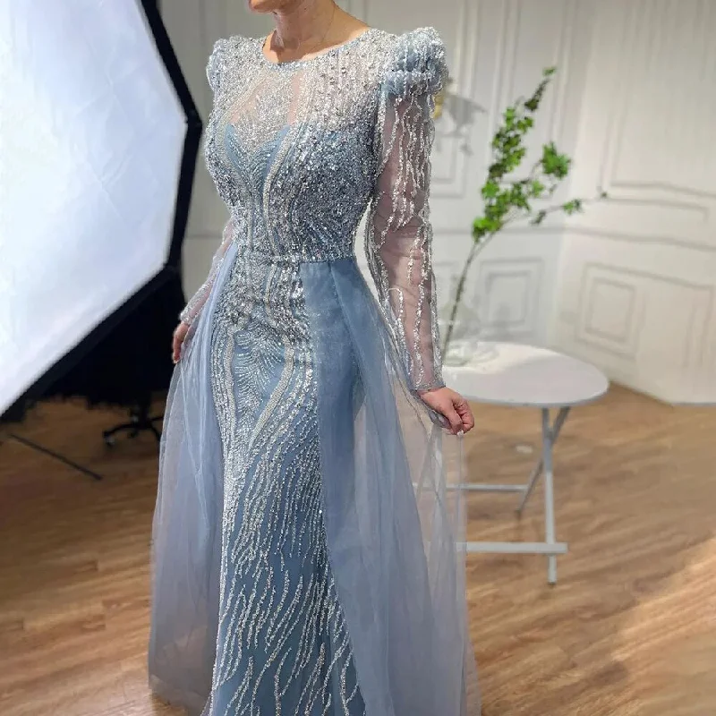 Best Deals Serene Hill Muslim Blue Mermaid Over Skirt Evening Dresses Beads Puff Shoulder Formal Gowns 2024 For Women Party LA72030 Best Deals Serene Hill Muslim Blue Mermaid Over Skirt Evening Dresses Beads Puff Shoulder Formal Gowns 2024 For Women Party LA72030