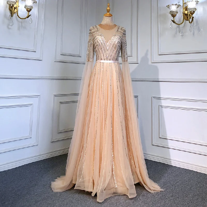 Best Deals Gold Arabic Luxury Cape Sleeves Evening Dresses Gowns 2024 Beaded A-Line For Women Party Serene Hill LA71598