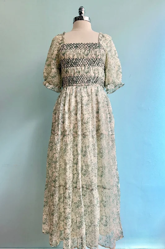 Deal Mania Green Toile Floral Smocked Bodice Midi Dress
