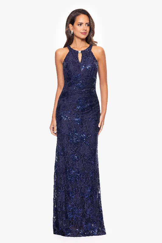 Act Now "Wilma" Sequin Lace Keyhole Neck Floor Length Dress