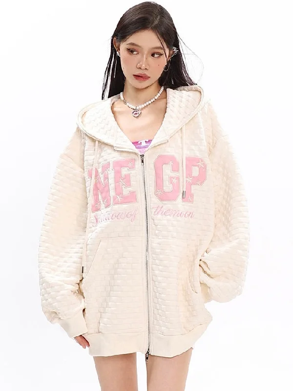 Final Clearance NEGP Faux Leather Letter Patchwork Zip Up Hoodie