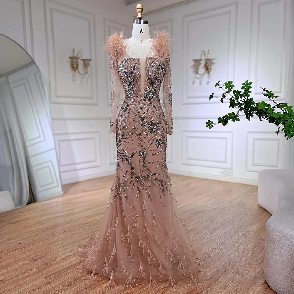 Holiday Sale Serene Hill Luxury Dubai Nude One Shoulder Beaded Feathers Mermaid Evening Dresses Gowns for Women Wedding Party Gown LA72508