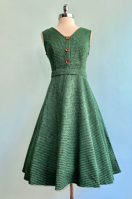 Can't Miss Book Worm Dress in Green Houndstooth by Banned