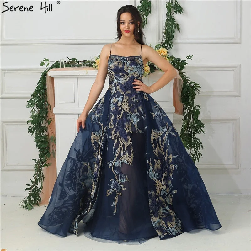 Super Sale On Sale no return no refundSale Blue Embroidery Pearls Designer Evening Dresses Sleeveless Back Evening Gowns LA6685