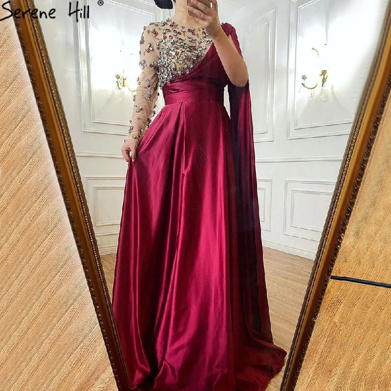 Factory Direct Sale Serene Hill Wine Red A-Line Luxury Evening Dresses Gowns 2024 One Shoulder Diamonds Satin For Woman Party LA70923 Factory Direct Sale Serene Hill Wine Red A-Line Luxury Evening Dresses Gowns 2024 One Shoulder Diamonds Satin For Woman Party LA70923