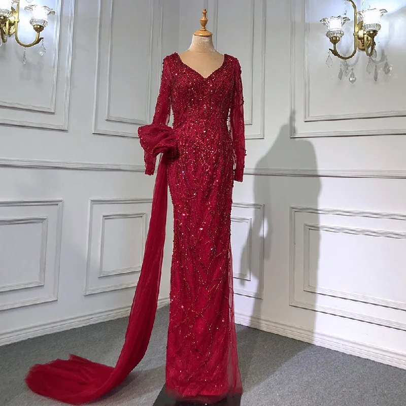 Seasonal Clearance Serene Hill Wine Red Elegant Mermaid Evening Dresses Gowns 2024 Luxury Beaded Overskirt For Women Party LA71642