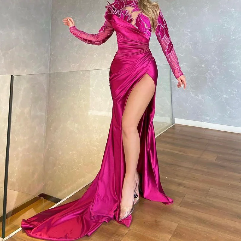 Exclusive Preview Serene Hill Arabic Rose Red Mermaid Elegant Satin Sexy High Split Evening Dresses Gowns Beaded 2024 For Women Party LA71707