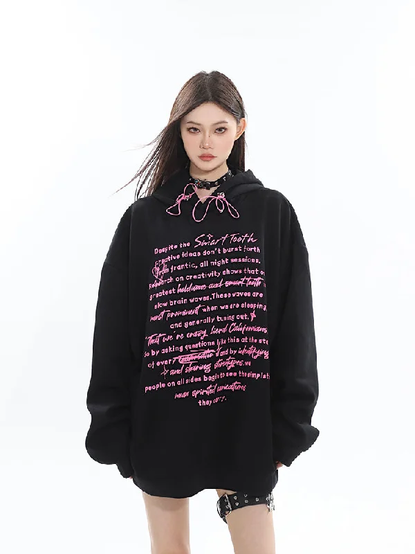 Shop and Save Lilla Solid Color Graphic Writings Fluorescent Loose Long Sleeve Drawstring Hoodie