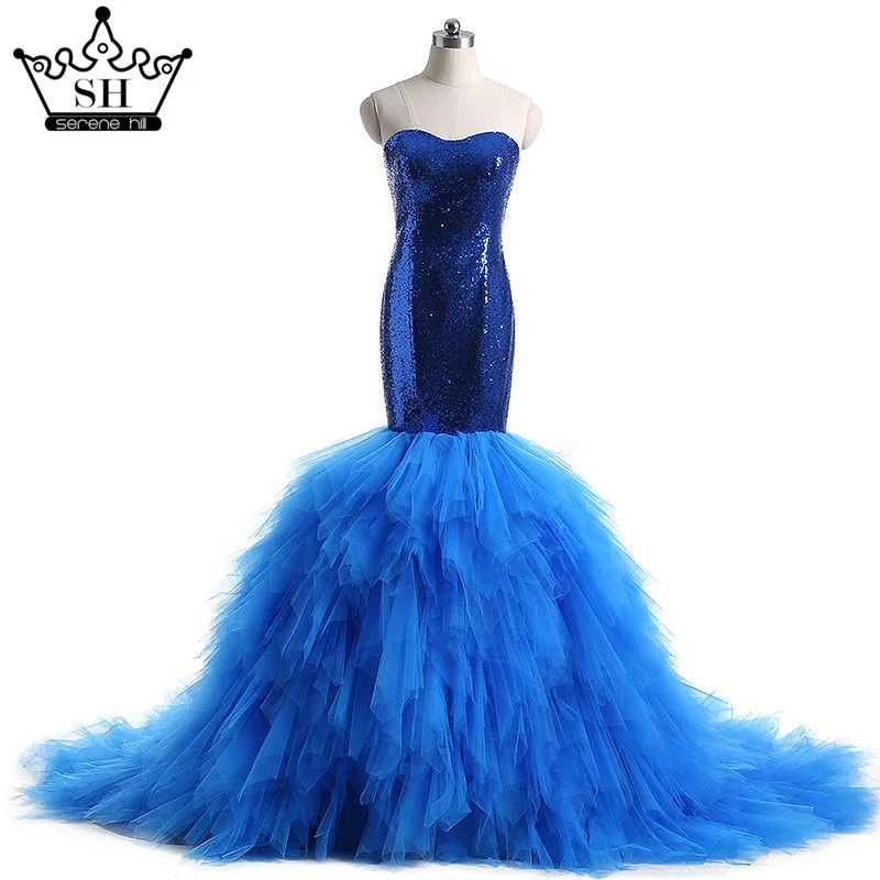 Super Deal Royal Blue Sequined Mermaid Wedding dress Ruffles Bride dress sereia Wedding Dress 2024