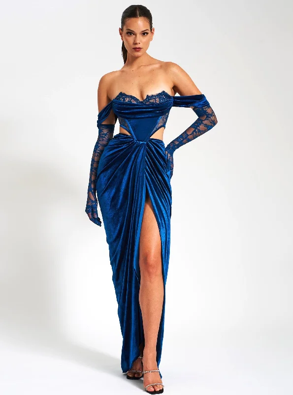 Year-End Sale Quintessa Teal Lace Velvet Corset Off Shoulder Gown