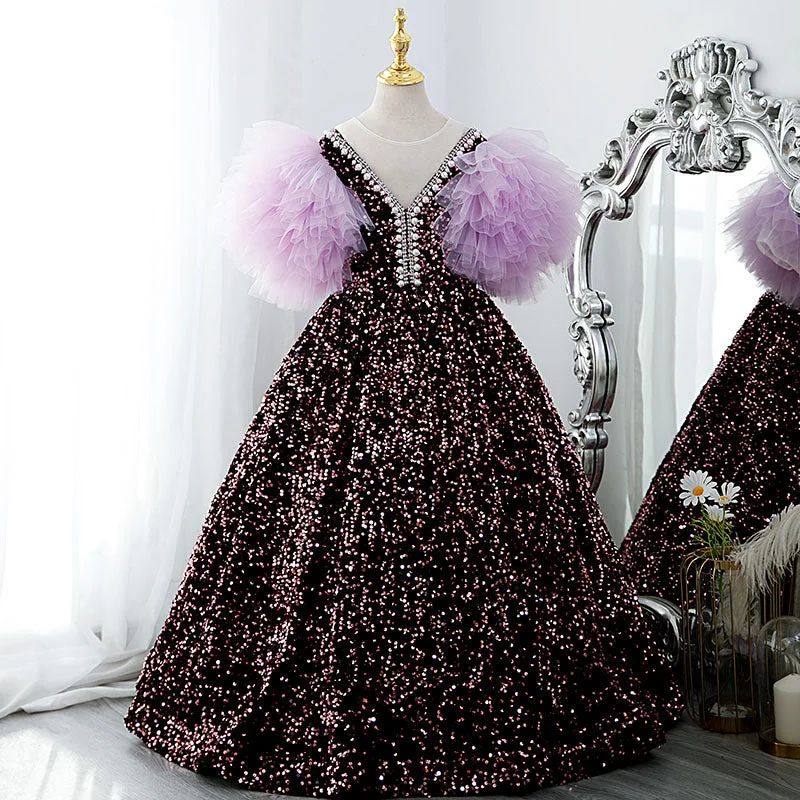 Best Seller Toddler Ball Gowns Girl Communion Purple Sequin Long Puff Sleeves Princess Pageant Dress Best Seller Toddler Ball Gowns Girl Communion Purple Sequin Long Puff Sleeves Princess Pageant Dress