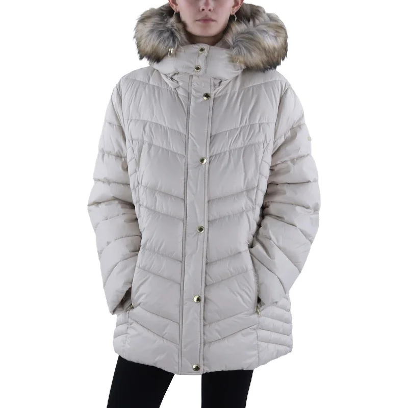 Price Cut Laundry by Shelli Segal Womens Faux Fur Trim Hooded Puffer Jacket
