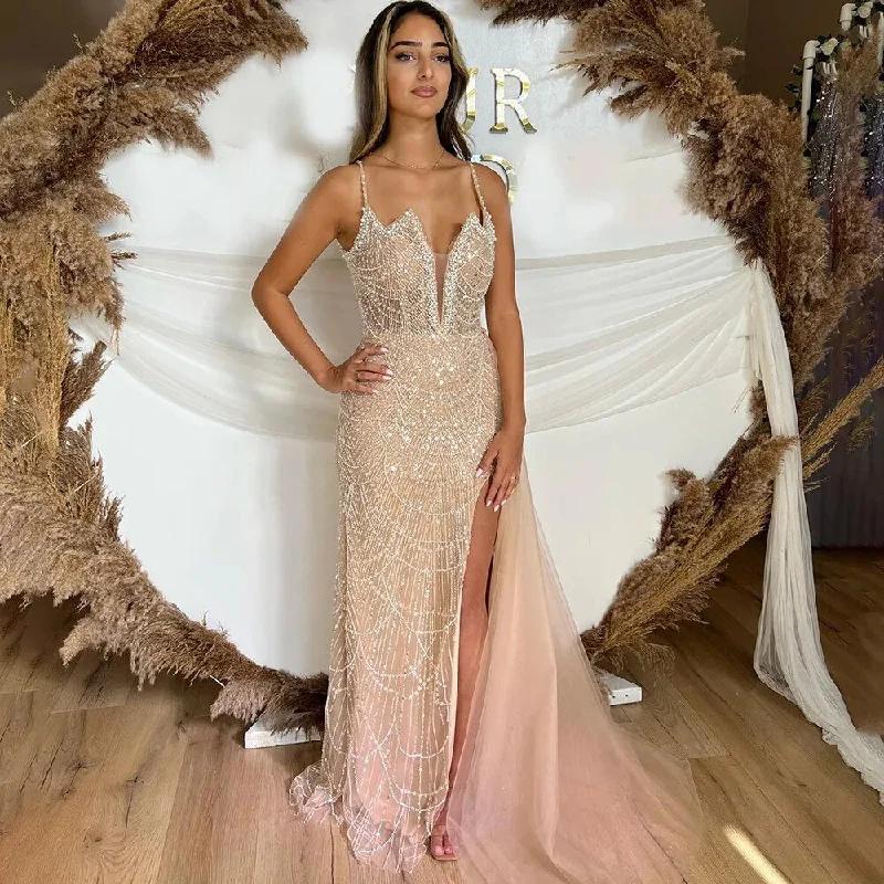 Big Discounts Serene Hill Nude Mermaid Sexy Spaghetti Straps High Split Beaded Arabic Long Evening Dresses Gowns 2024 For Women Party LA72189