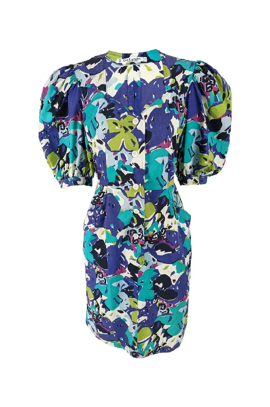Can't Miss Vintage Bright Multicoloured Puff Sleeve Cotton Dress, 1980s