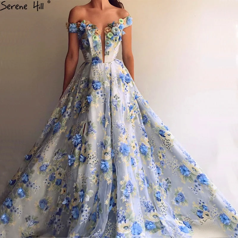 Take Advantage On Sale No Return No  Refund Romantic Blue Flowers Evening Dresses Off Shoulder Beach Fromal Evening Gowns LA6660
