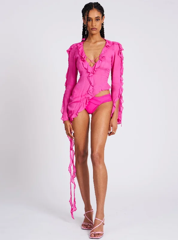 Deal Zone Leena Fuchsia Long Sleeve Draping Ruffle Top