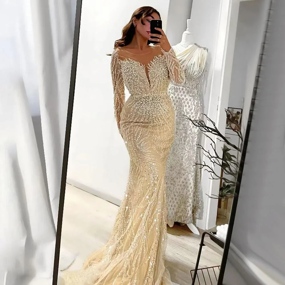Quick Sale Serene Hill 2024 Muslim Nude  Mermaid Luxury Lace Pearls Beaded Arabic Evening Gowns for Women Wedding and Party Dress LA72634
