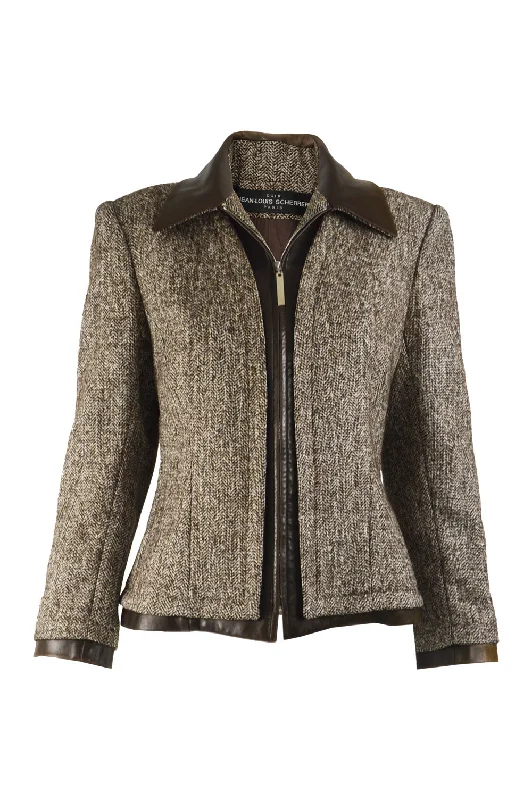 Overstock Womens Brown Leather & Silk Tweed Jacket, 1990s