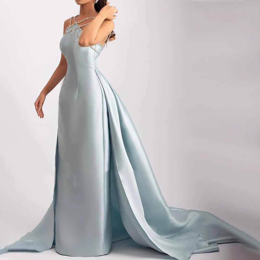 Stock Clearance Serene Hill Blue Satin Elegant Halter With Overskirt Mermaid Beaded Evening Dresses Gowns for Women Wedding Party 2024 LA72524 Stock Clearance Serene Hill Blue Satin Elegant Halter With Overskirt Mermaid Beaded Evening Dresses Gowns for Women Wedding Party 2024 LA72524