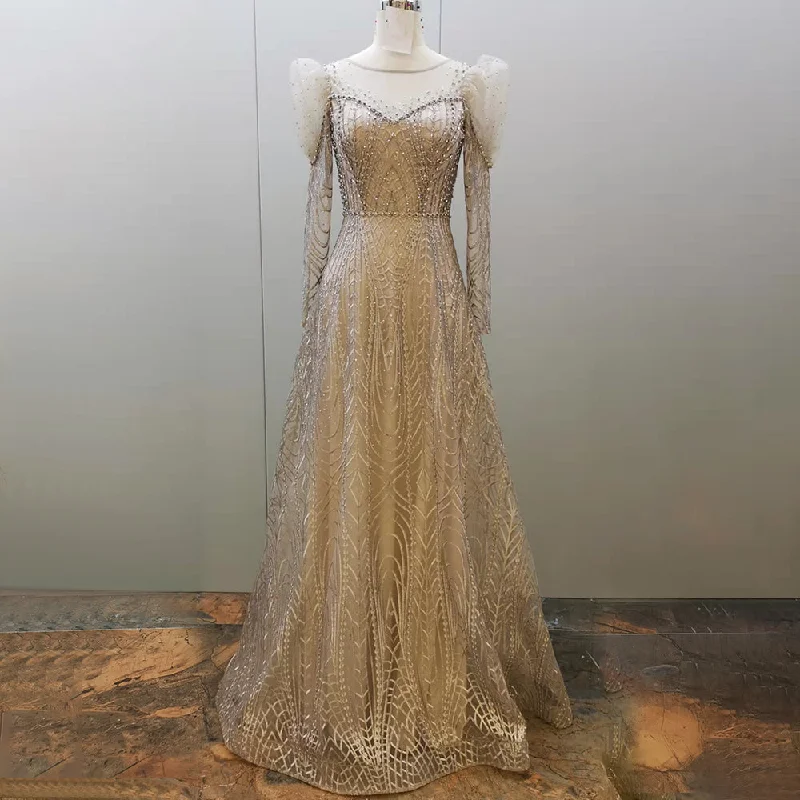 Special Discount Serene Hill Gold Beaded Muslim Evening Dresses Gowns 2024 Luxury A-Line Puff Sleeve For Women Party LA71657